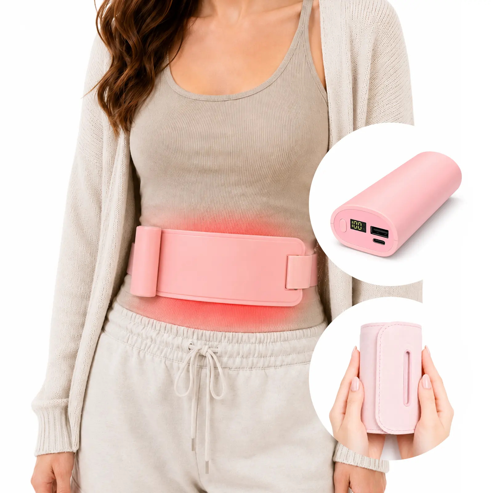 【DOCHEN】3-in-1 Portable Heating Pad - Warming Belt, Hand Warmer, Portable Charger with Skin-friendly Lycra Fabric, Adjust Heat Level, Targeted Warmth for Waist/Wrist, Female Care Gift for Women on Special Occasions, Rechargeable Three-In-One Handheld Mass