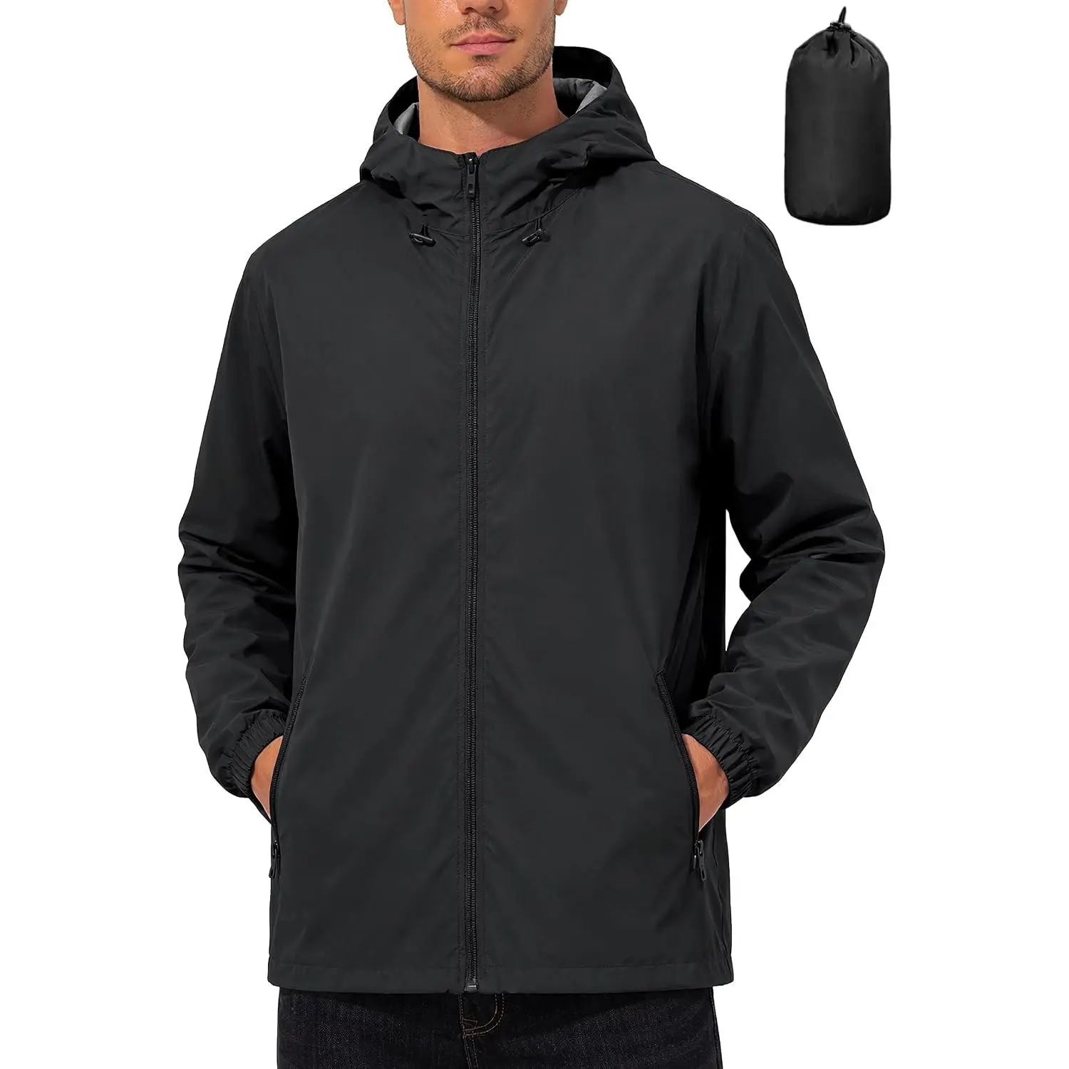 Men's Polyester Rain Jacket - Lightweight, Waterproof Windbreaker, Packable Hooded Outdoor Gear for Cycling, Hiking, Polyester Edit