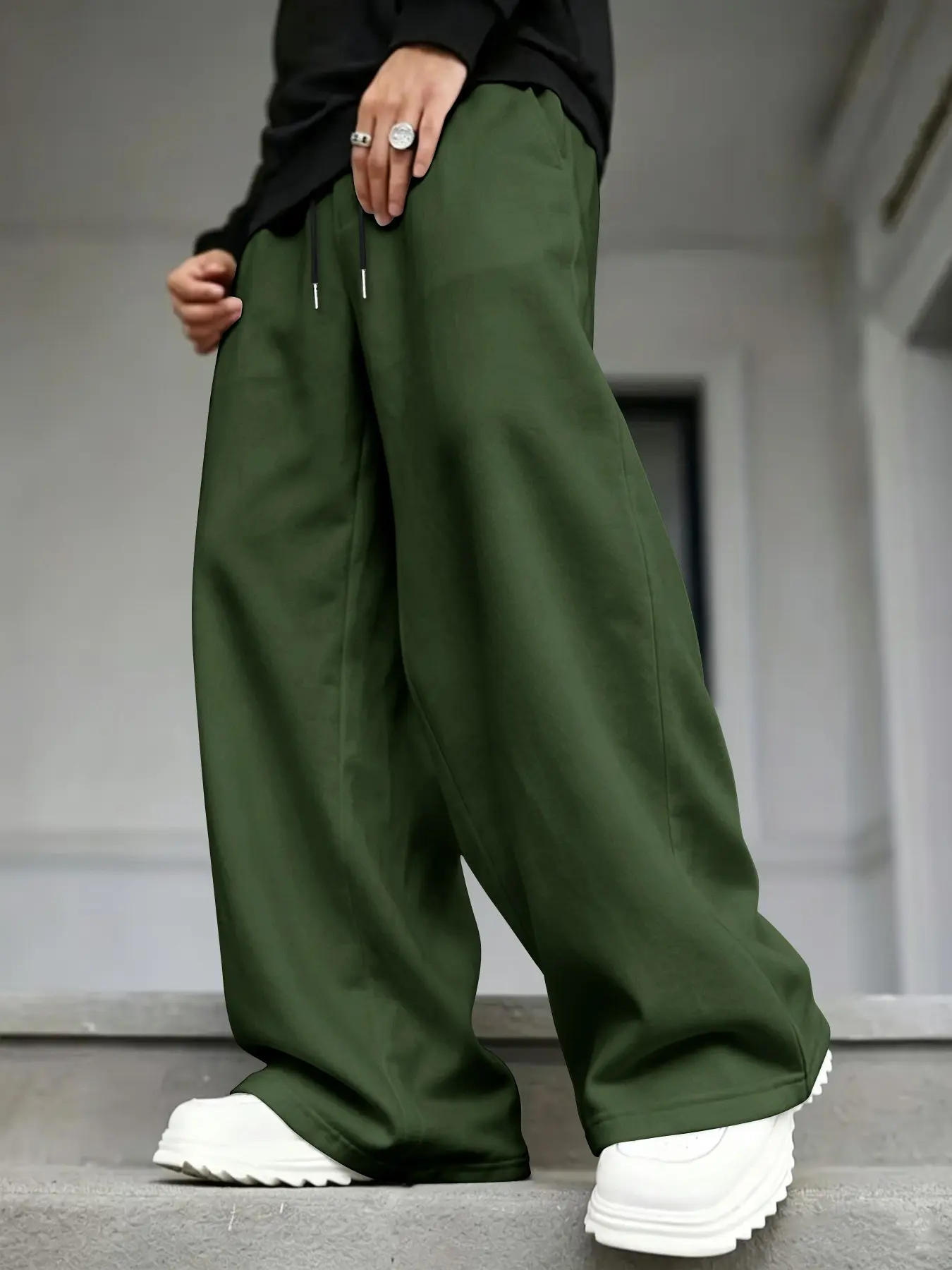 Men's Wide Leg Sweatpants, Loose Fit Drawstring Long Pants, High Street Versatile Sports Pants, Casual Straight Leg Joggers