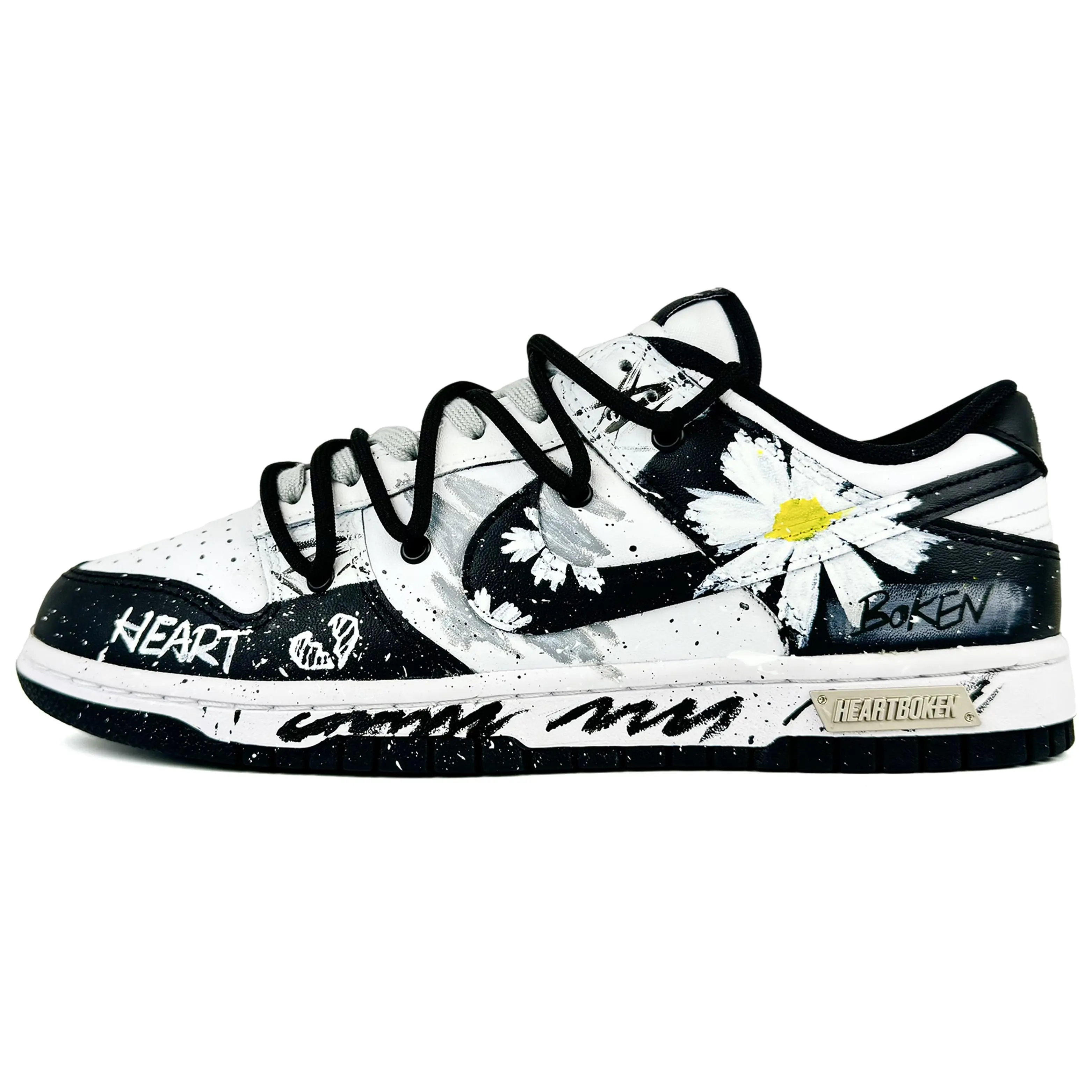 Nike Dunk Low Black Custom GS Sneakers: Daisies, Graffiti, Sketch, Distressed, Durable, Comfortable Verifiable, with credentials and supporting global authentication