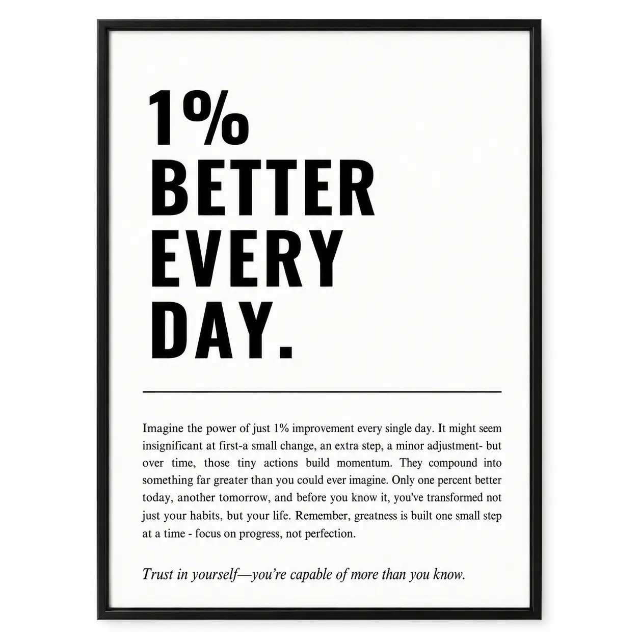 1% Better Every Day Framed Canvas Poster, Motivational Quote Canvas Wall Art, Wooden Frame Printed Canvas Decor, Growth Mindset Wall Decor for Office Study Gym Home