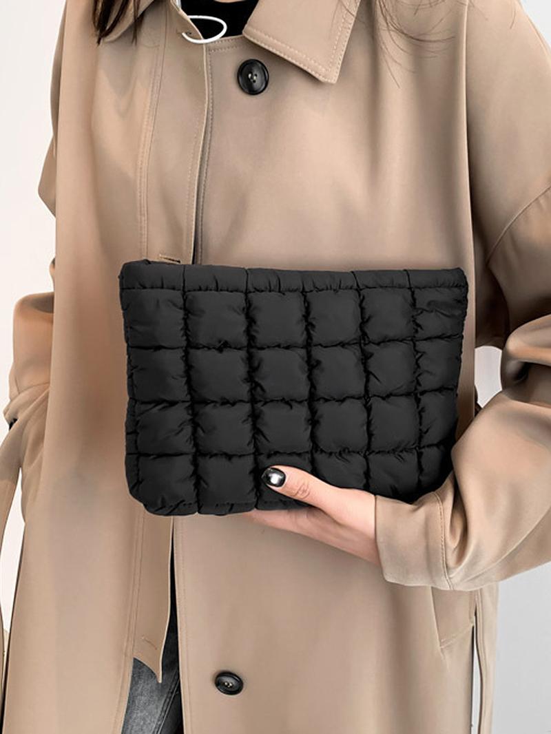 Solid color quilted design clutch bag, large capacity zipper travel storage bag, women's portable travel storage bag, back to school season, suitable for daily commuting and travel, school portable bag, Quilted Purse