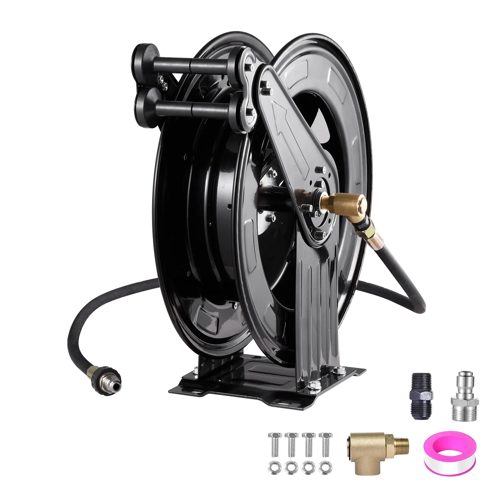 High Pressure Washer Hose Reel, 0.59in x 50 FT Alloy Steel Double Arm, 4000 PSI Max, Wall/Ceiling/Floor Mounted with 360-Degree Swivel Connector, Adapter, Garden Quick Connect Fitting for Lawn Water Use