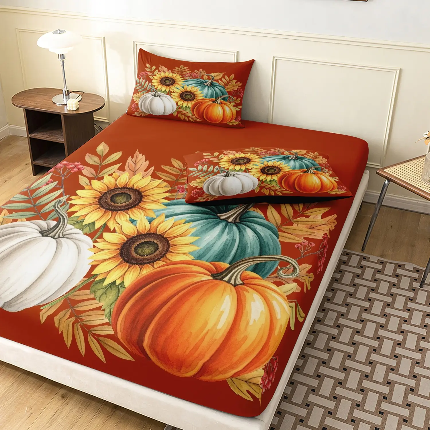  3 Pieces Fall Harvest Pumpkin Sunflower Print Fitted Sheet Set, Orange Base Autumn Leaf Berry Farmhouse Printed Bedding Cover, For Bedroom Home Decoration, Multiple Sizes Available (1 Fitted Sheet + 2 Pillowcases, No Pillow)