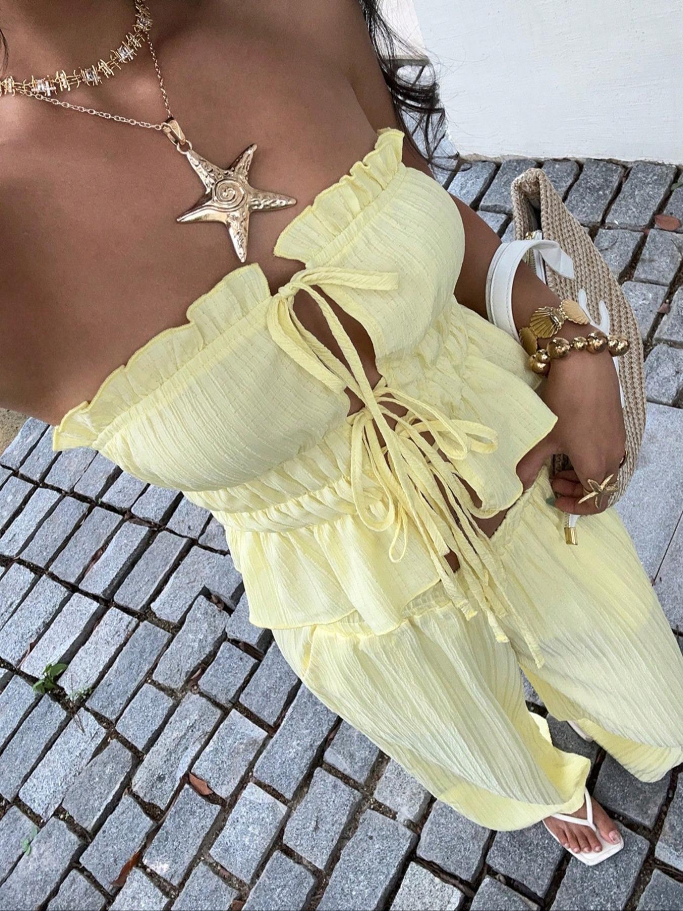 Women's Striped Print Tie Front Top & Wide Leg Pants Set, Casual Fashion Cozy Two-piece Set for Daily Outdoor Wear, Ladies for Summer, Cute Summer Outfit, Casual Loungewear Set, Soft Lounge Sets, Summer Clothing Set