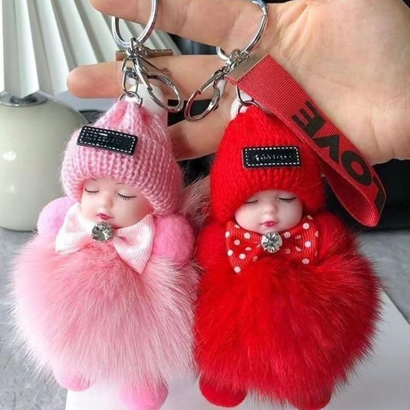 2-Pack Cute Fluffy Plush Sleepy Doll Keychain for Women, Kawaii Bag & Car Key Ring Pendant, Soft Lightweight Adorable Gift for Girls