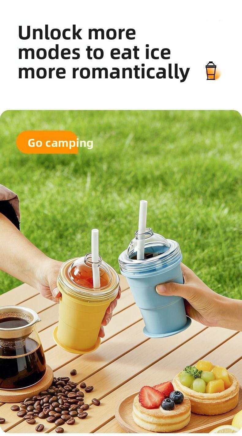 Portable Foldable Ice Ball Cup Silicone Food Grade Ice Maker With Straw Summer Outdoor Travel Mug