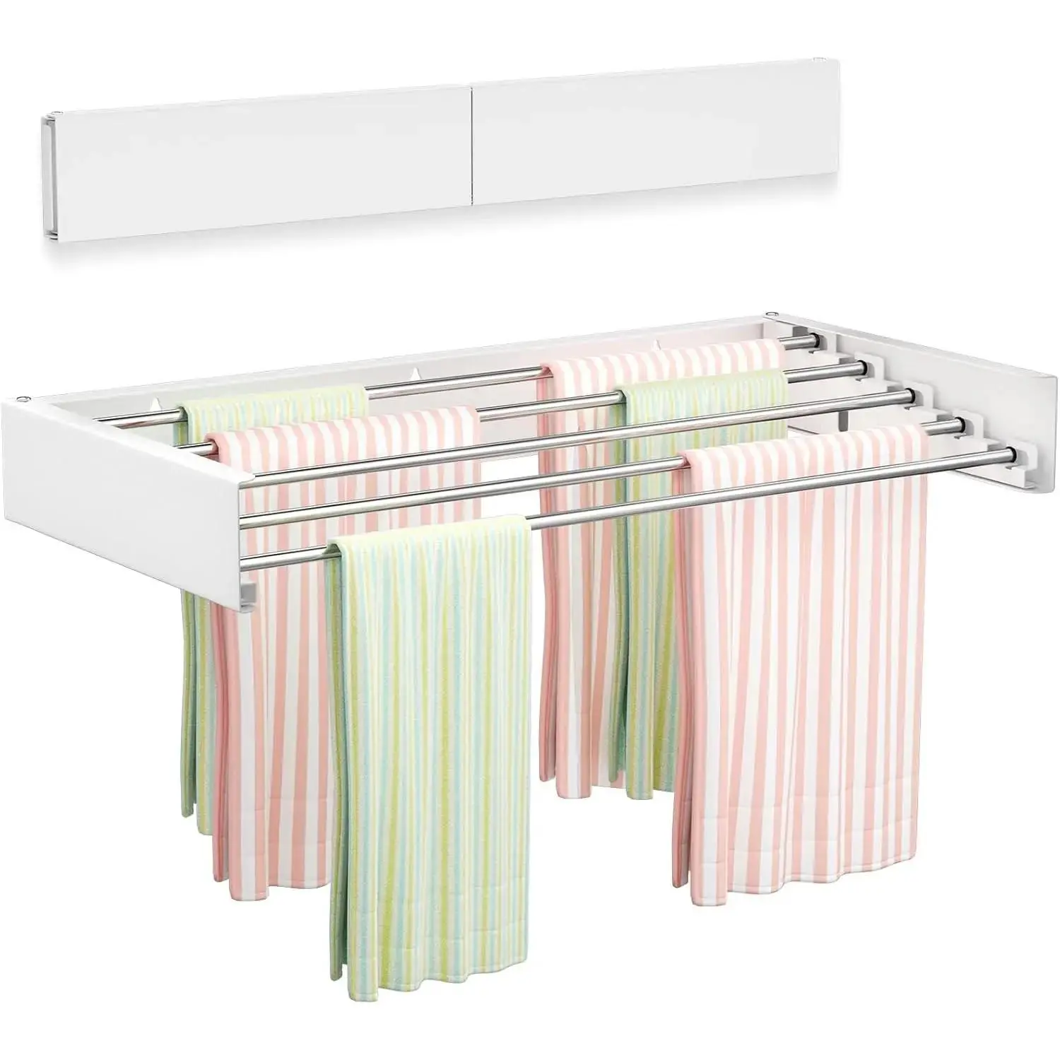Wall Mounted Clothes Drying Rack, 31.5" Foldable Collapsible Laundry Rack, Heavy Duty 60 lb Capacity Hidden Space Saver, Includes Wall Template for Laundry Room Indoor Outdoor Balcony (White)