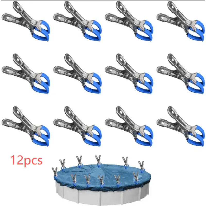 12 pcs metal clips with swimming pool cover, installation clips with protective film and tarpaulin clips, which are suitable for clamping fixtures for swimming pools on the ground and strong clamping fixtures for photography and greenhouses.