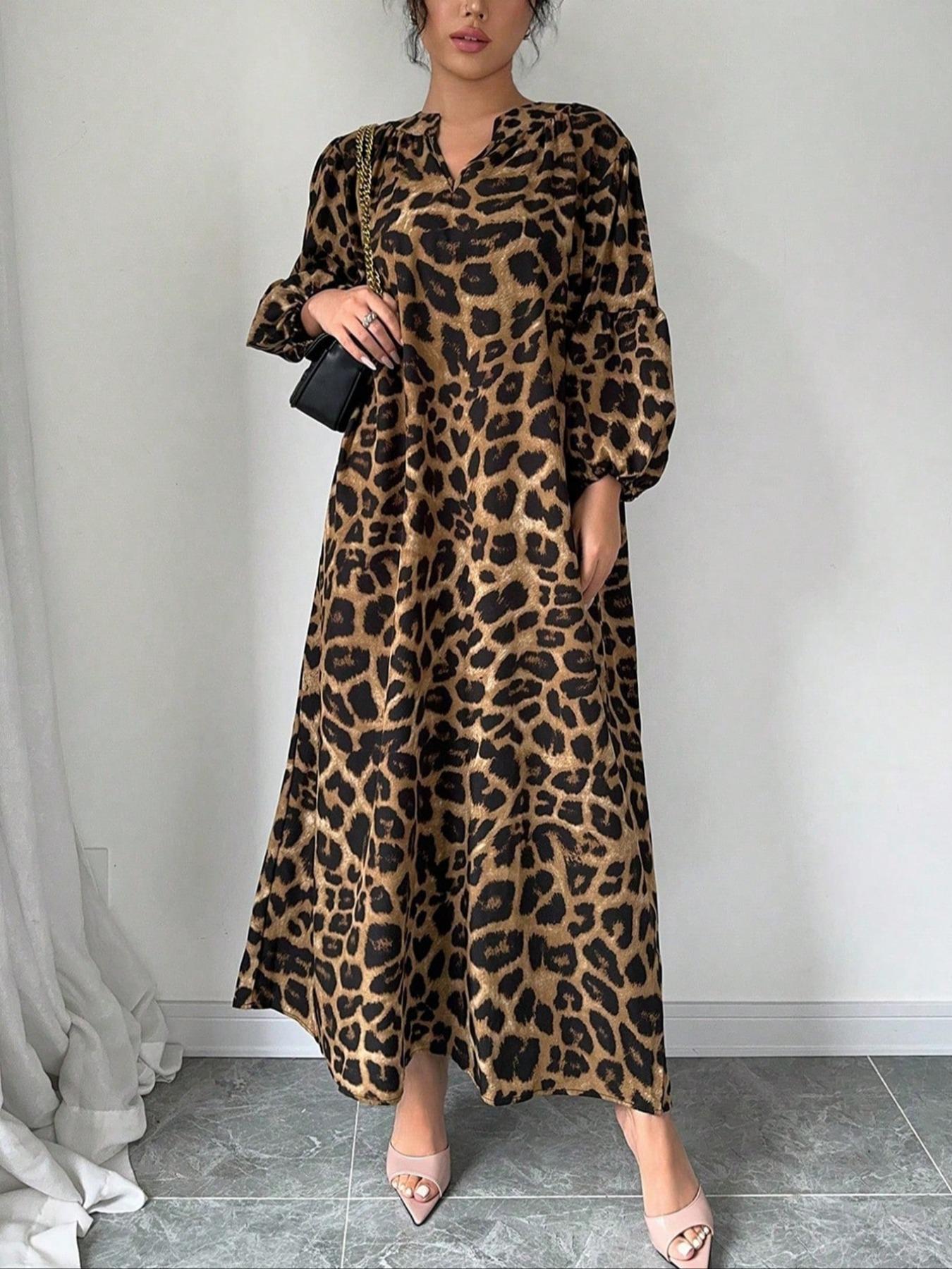 【Plus Size】 Leopard Print Notched Neck Dress, Casual Bishop Sleeve Dress for Spring & Fall, Women's Clothes for Daily Wear
