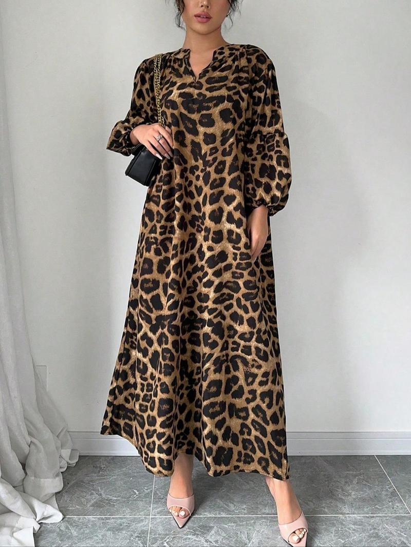 【Plus Size】 Leopard Print Notched Neck Dress, Casual Bishop Sleeve Dress for Spring & Fall, Women's Clothes for Daily Wear