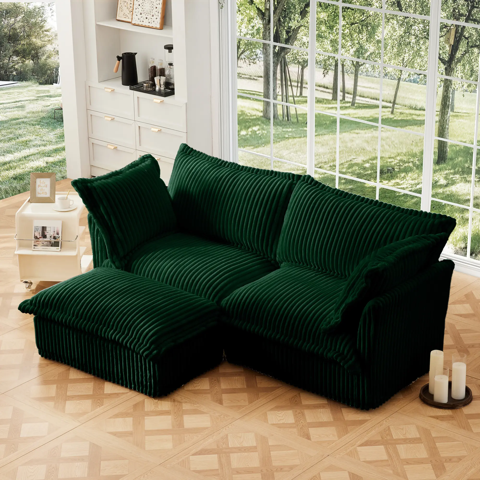ARCH 2-Seater L-Shaped Slipcovered Sectional Sofa - L Shaped Couch, Comfy Couch, Detachable Slipcover, Convertible Ottoman, Wide Deep Seats, Soft Large Cushions, Green Corduroy Fabric, Deep Living Room Furniture, Apartment Friendly Hacks Indoor Furniture