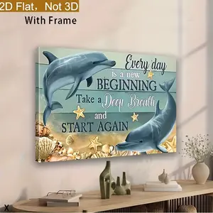 2Dflat framed 2D canvas art, 1 piece framed dolphin canvas wall art - Inspirational quote "Every day is a new beginning", with starry ocean print, pine wood frame, ready to hang - Perfect for decorating the living room, bedroom, kitchen, home office, dolp