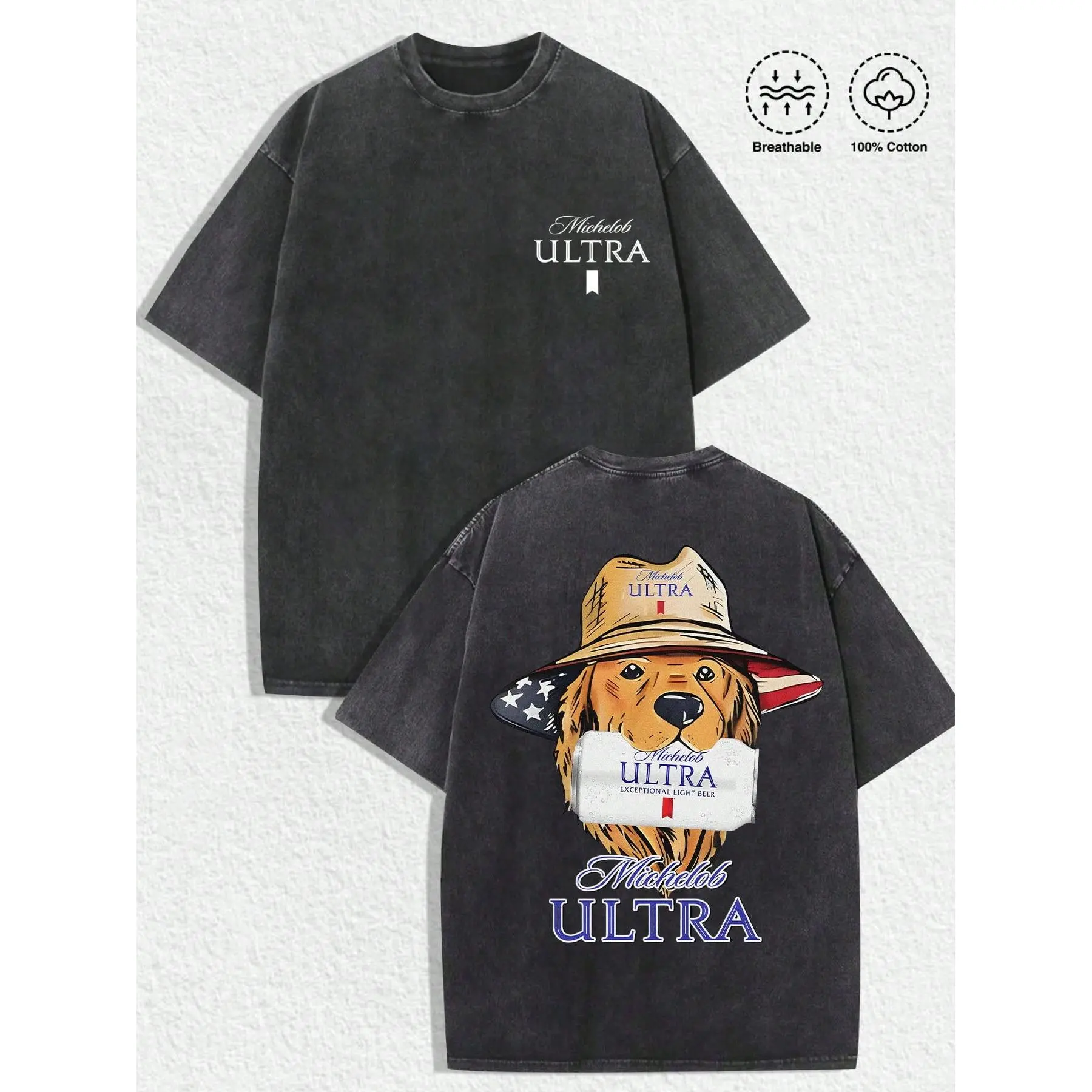 1 PCS "Michelob Ultra - American Dog" Vintage Graphic Tee: Washed Shirt (Available In Gray/Dark Gray) With "Michelob Ultra" Logo (Front), Back Art Of Dog In American Flag Hat Holding Michelob Ultra Beer. Made Of 100% Breathable Cotton