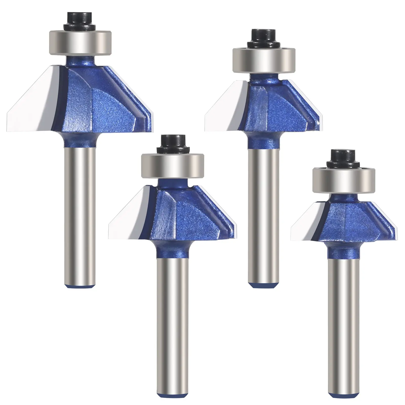 4Pcs 45 Degree Chamfer Router Bit Set, 1/4 Inch Shank Bevel Edge Trimming Woodworking Cutter, Carbide Tipped Wood Milling Tool for Router Table Hand Router