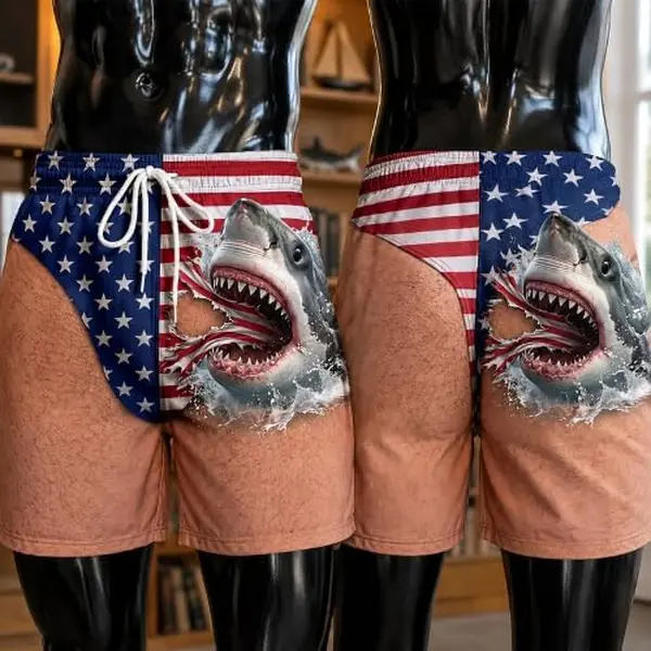 Fun Shark Men's Shorts, personalized gift, 3D American Flag Shark Beach Shorts, patriotic-themed Eagle Swimsuit, a gift for fun patriots (4)