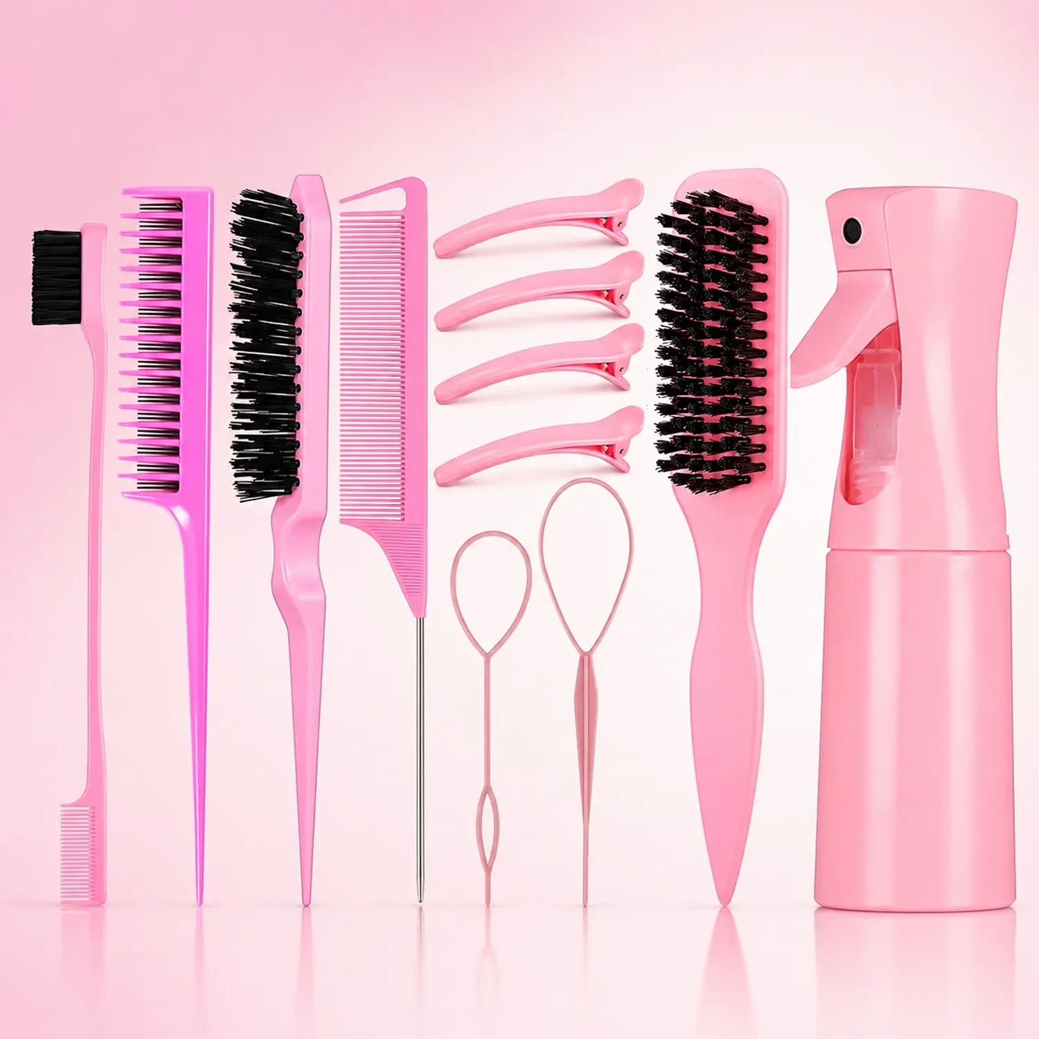 Detangling Hair Brush & Continuous Mist Spray Bottle Styling Set, Lightweight Hair Clips, Edge Brush, Tail Comb & Styling Combs for Wet, Dry, Curly & Straight Hair, Anti-Frizz Smoothing Kit for Shine & Daily Salon Styling, Hair Styling Tool