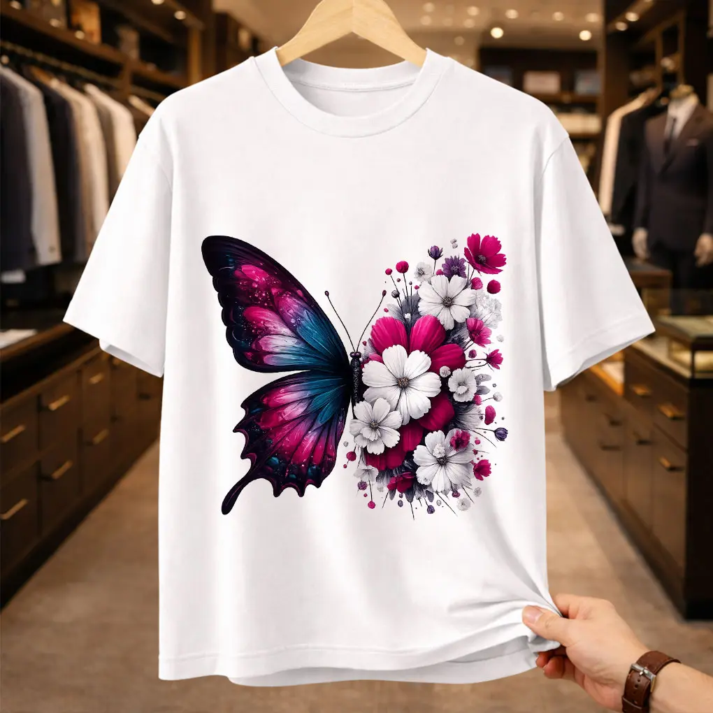 Men's Casual Loose Soft Oversized T-Shirt - Half Butterfly Wing-Half Floral Graphic, Unisex Nature Aesthetic Botanical Vintage Top for Stylish Outfits, Baggy, Menswear, Tshirt, Shortsleeve, Streetwear, Flower, Round Neck, Natural, Relaxed Fit, Natural Bea