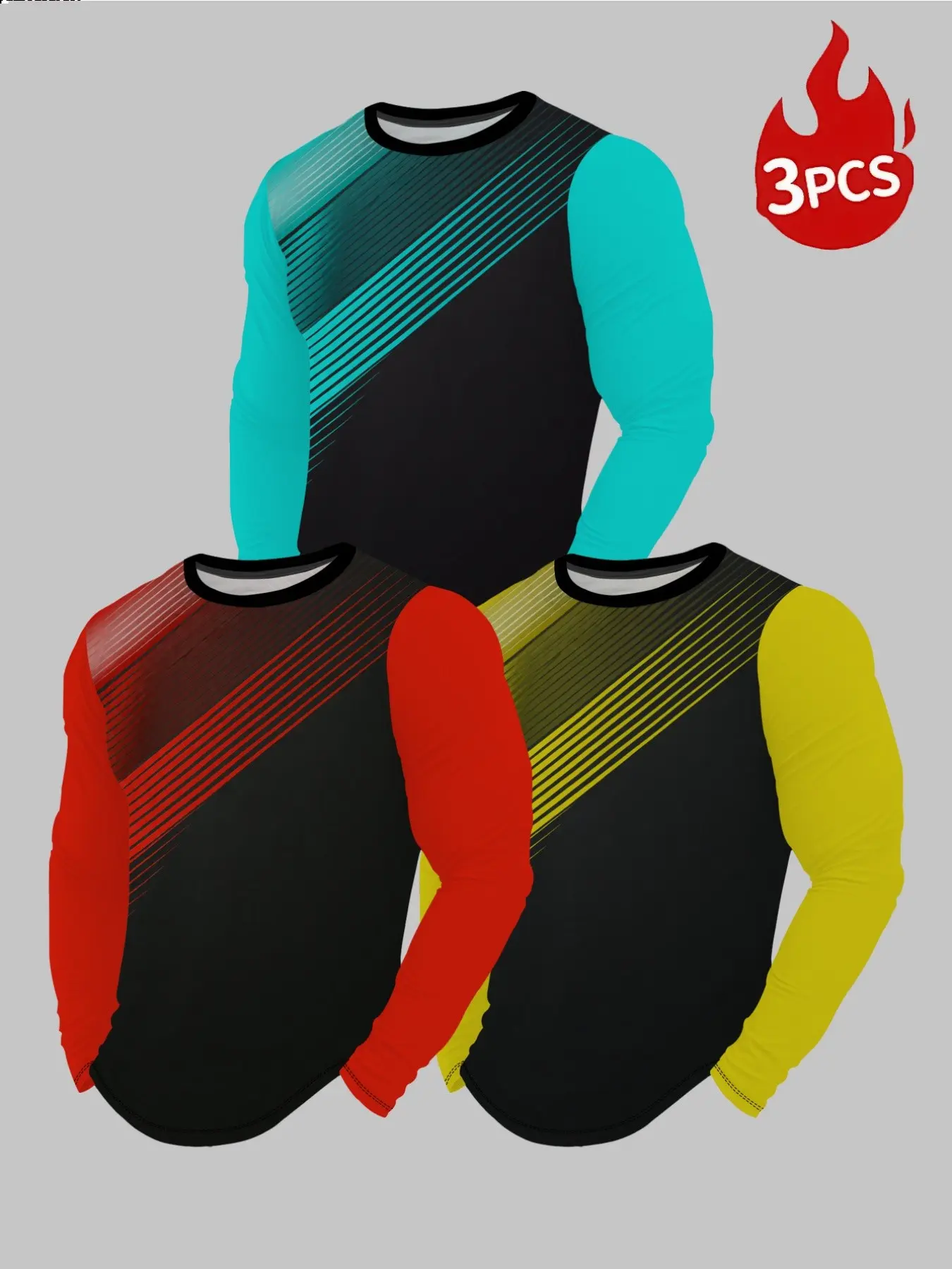 Men's Casual Long Sleeve T-Shirt, Slim-Fitting Random Print Top, 3-Piece Set for Daily Wear, All-Season Fashion Apparel