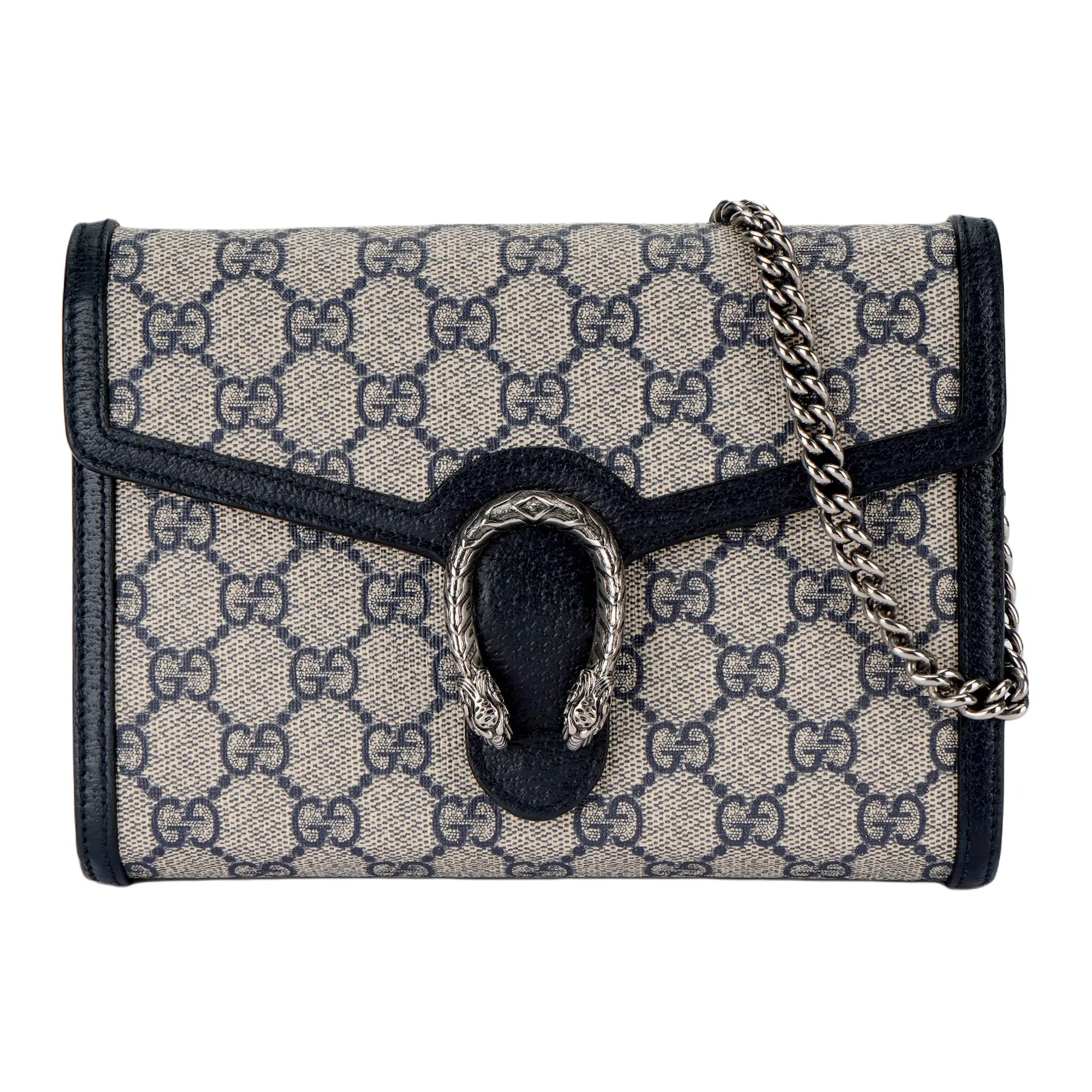 Gucci Dionysus Distressed Tiger-Head Clasp Monogram Canvas and Leather Mini Crossbody Bag for Women in Beige and Blue