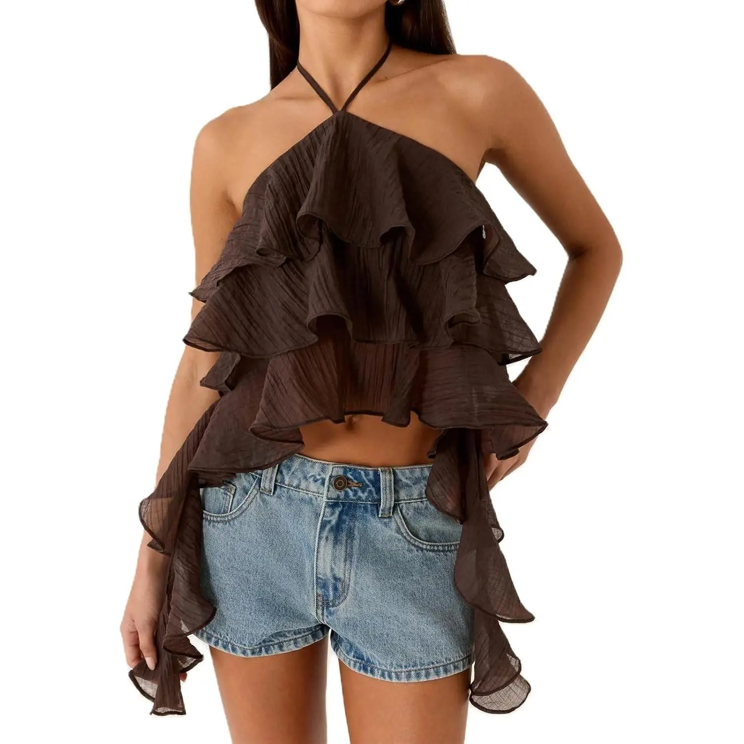 Women Ruffle Halter Top Y2k Layered Ruffle Hem Tie Asymmetrical Crop Tops Back Backless Flowy Going Out Camisole