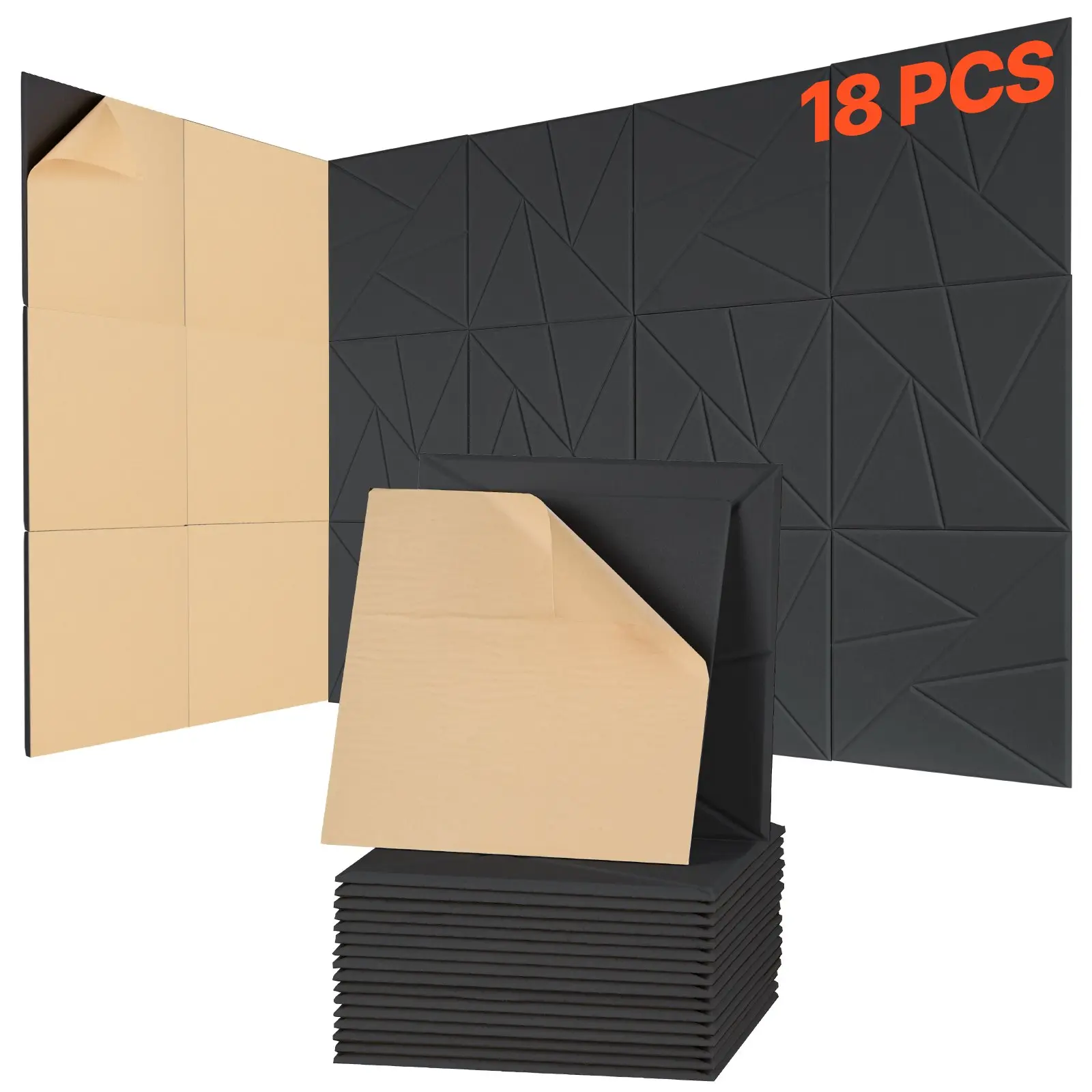 VEVOR 18-Pack Bulk Modern Acoustic Panels, 11.8x11.8x0.4in Self-Adhesive High-Density Polyester Fiber Soundproof Wall Panels for Bedroom, Residential Home Users, Studio (Black)