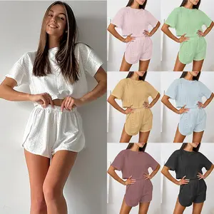 Women Hollow Breathable Sexy 2Pcs Loungewear Set, Split Hem Short Sleeve & Shorts Pajamas