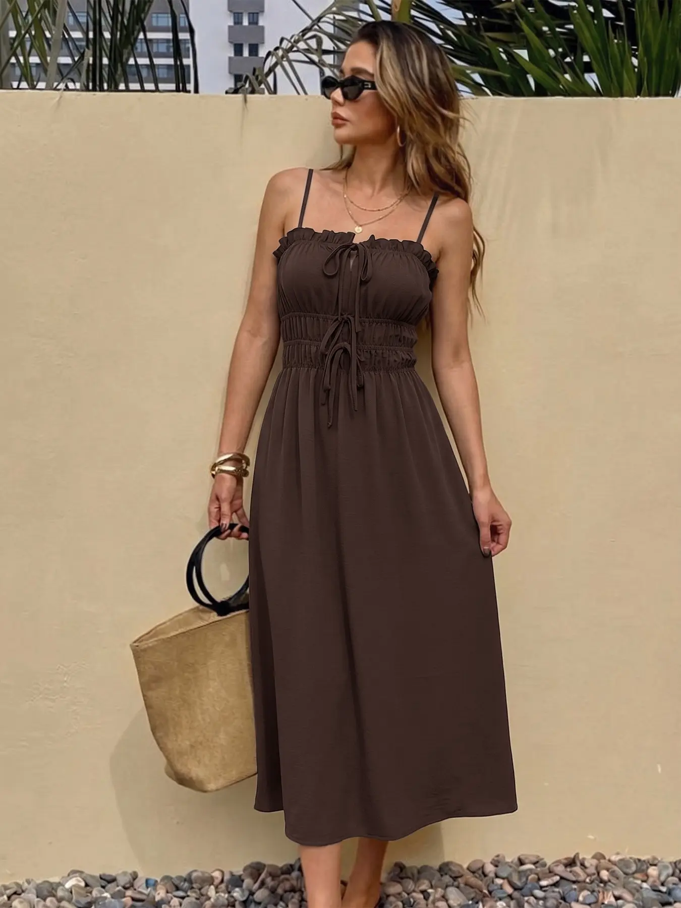Simple Retro Style Solid Color Drawstring Waist Halter Dress, Elegant and Comfortable Design, Perfect for Casual Wear