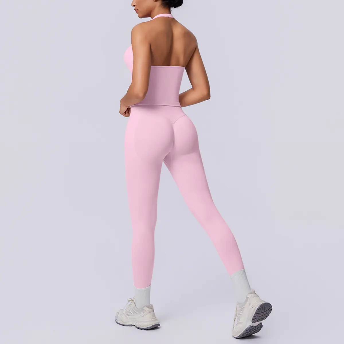 Women’s Halter Open Back Seamless 2 Piece Workout Set, Quick Dry Breathable High Rise Support Fit Leggings Matching Athletic Outfit for Yoga Running Gym Daily Athleisure