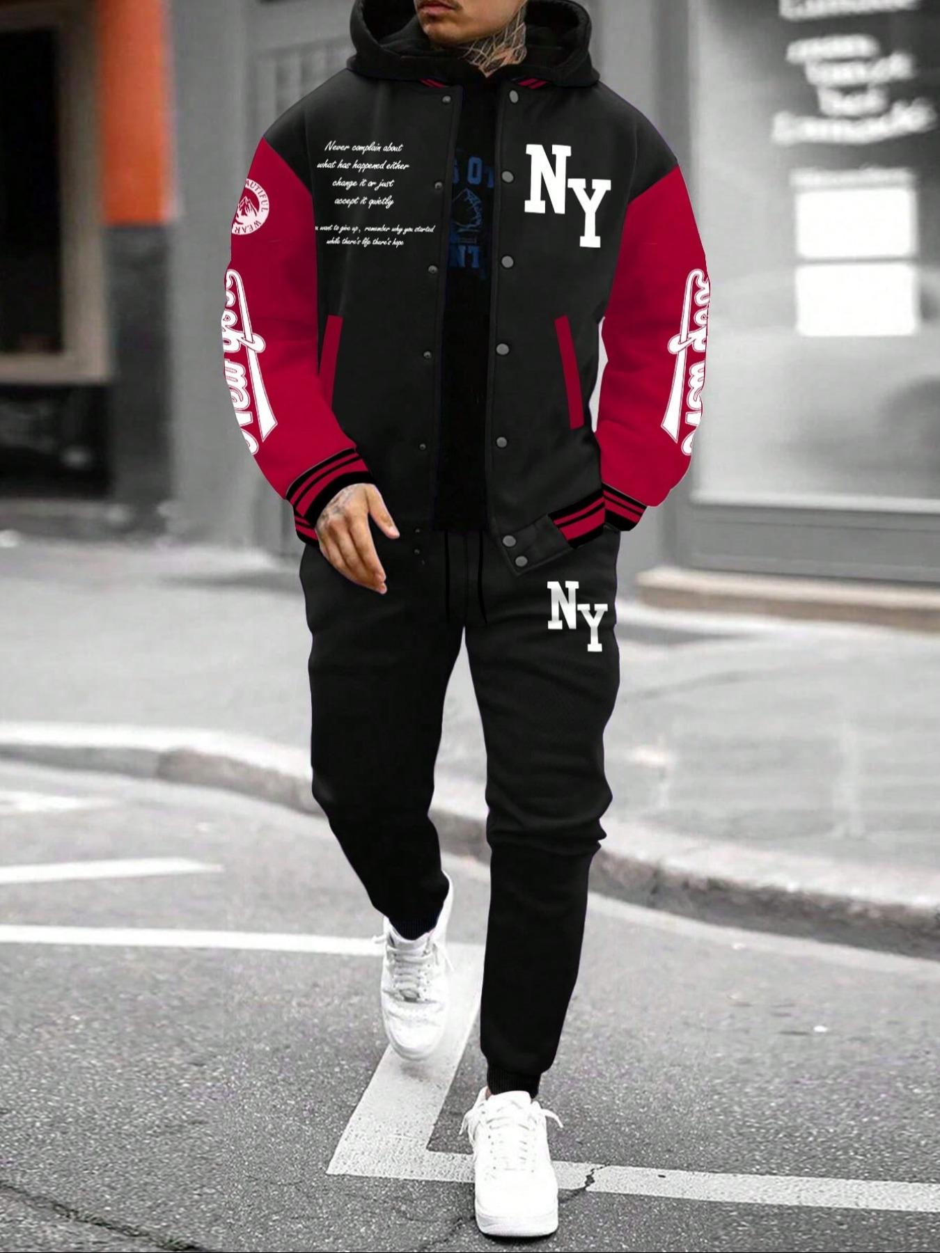 Men's Letter Print Slogan Baseball Jacket & Pants Two-piece Set, Loose Casual Long Sleeve Baseball Collar Outerwear & Trousers for Daily Wear, Men's Two-piece Outfits for Fall & Winter