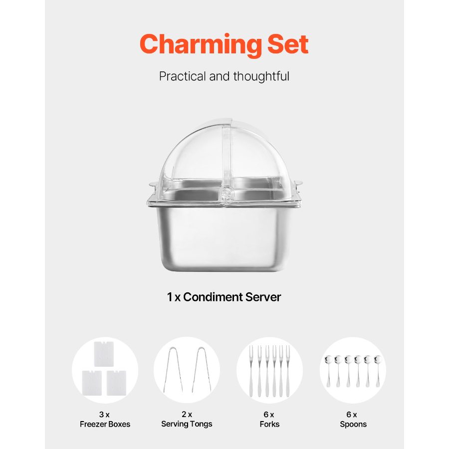 VEVOR Countertop Food Serving Display Container, 4 Pan Stainless Steel Food Serving Tray, Buffet Condiment Dispenser Display Rack with Clear Lid 3 Freezer Boxes, for Restaurant Hotel Kitchen Party