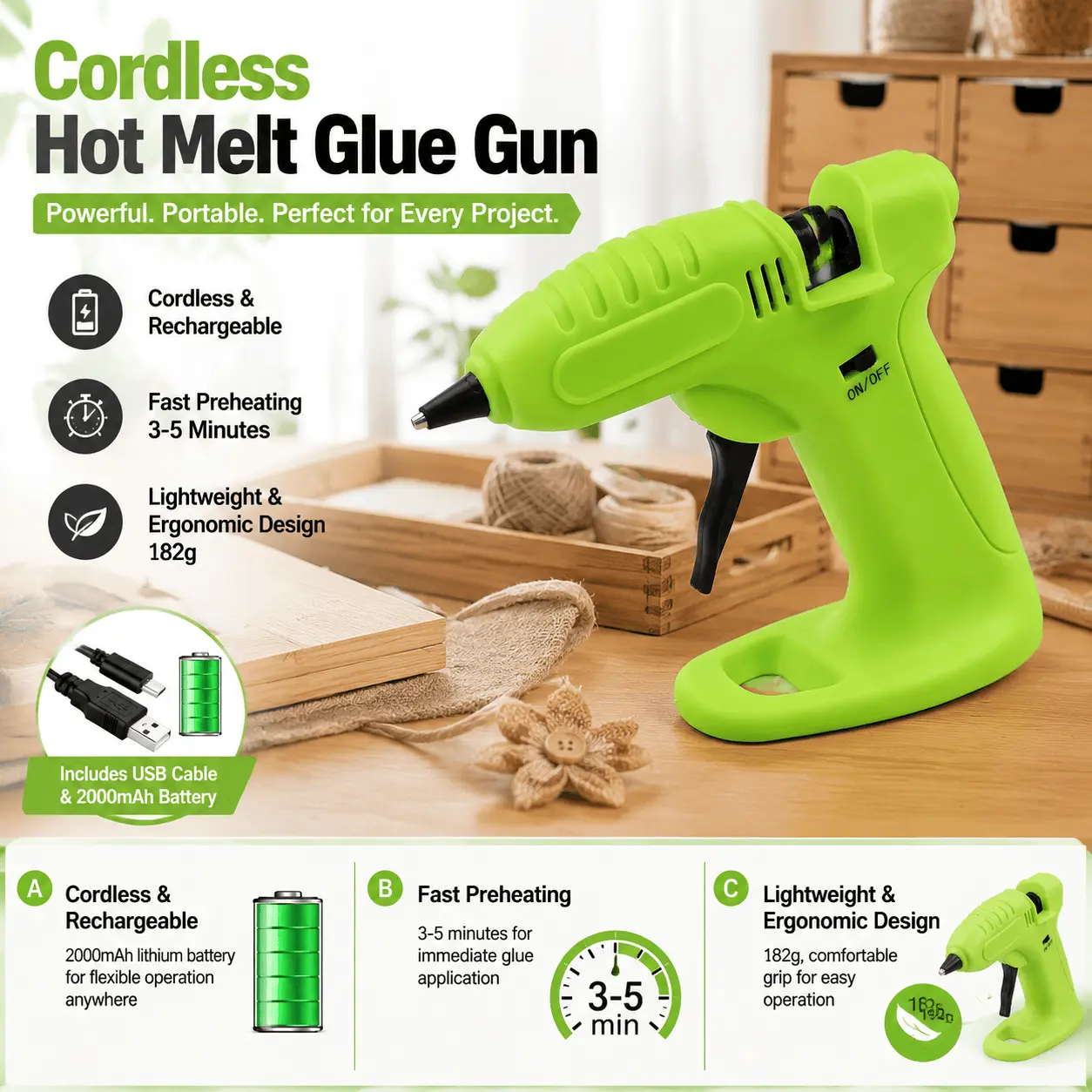 Cordless Hot Glue Gun, Rechargeable Lithium Battery Glue Gun with 30 Glue Sticks, Fast Heating 3-5 Minutes, Portable Mini Glue Gun for DIY Crafts, Home Repairs, Handmade Projects and Creative Work