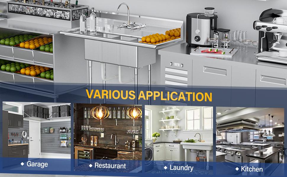 ROVSUN Commercial Sink, Stainless Steel Sink with 3 Compartment and 2 Sides Drain Rack, 20" x 54" x 43.5" Freestanding Utility Sink, Great for Restaurant Kitchen Laundry Room Garage Sunroom