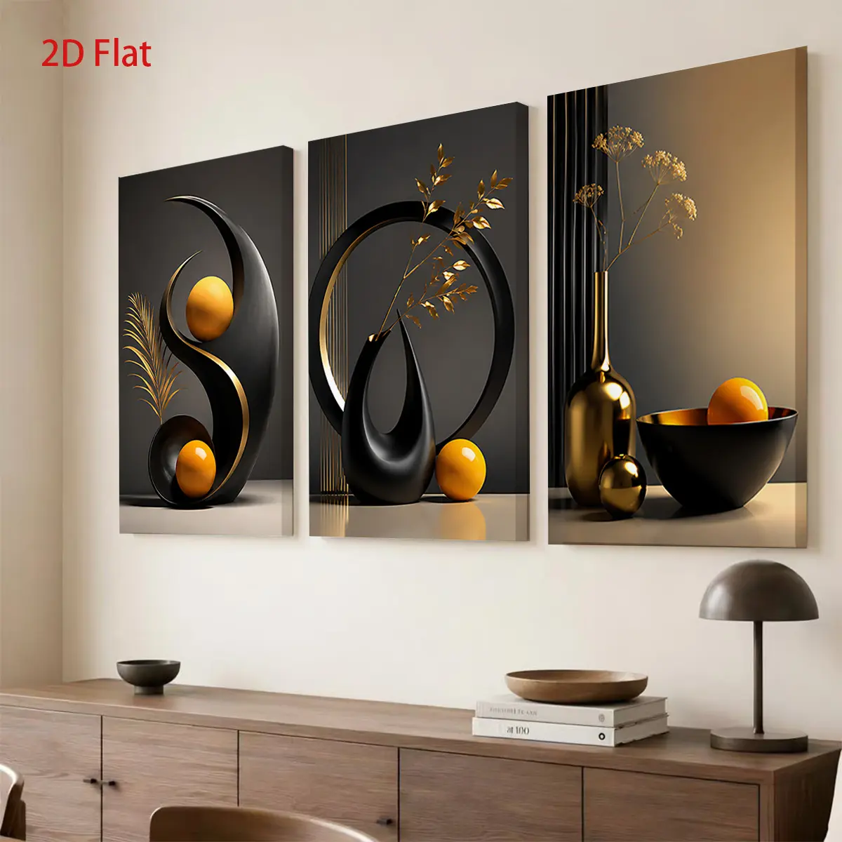 Home Decor 3-Piece 2D Flat Abstract Canvas Wall Artwork Set - Black & Gold Geometric Elements, Waterproof Prints, Ready to Hang, Gift for Father's Day, Birthdays, Hanging