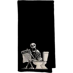 Goth Skeleton Bathroom Decor Hand Towels, Goth Gifts for Women, Halloween Bathroom Decor, Funny Gothic Skull Reading Newspaper Decorative Hand Towels for Bath Room Washroom, 16x24 Inch