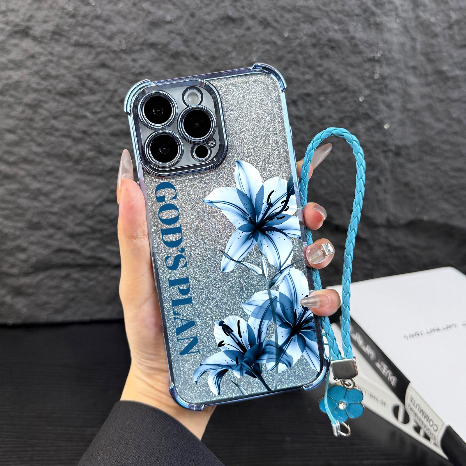 Elegant Blue Floral God's Plan Case For iPhone Samsung Galaxy 17Pro Max Air 16 15Plus 14 13 12 11 XR XS S25 S24 S23 S22 Sparkly Glitter Inlay Electroplated Corner Protection With Portable Strap Accessory NN124
