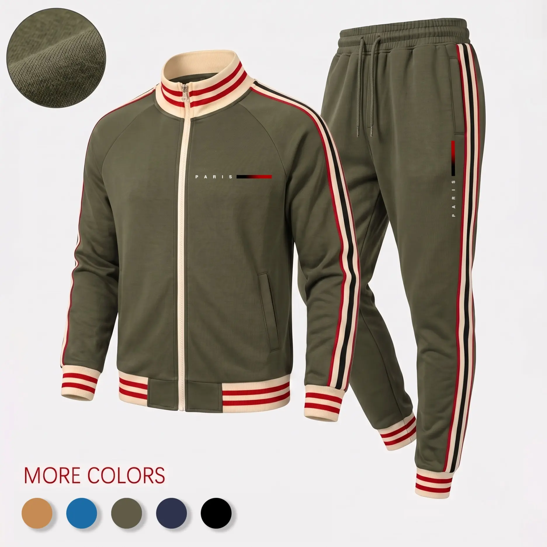 Men’s PARIS Letter Graphic Tracksuit Set, Retro Stripe Zip Stand Collar Jacket and Drawstring Jogger Pants, Casual Athletic Two-Piece Streetwear Outfit for Travel, Workout, Walking and Daily Wear