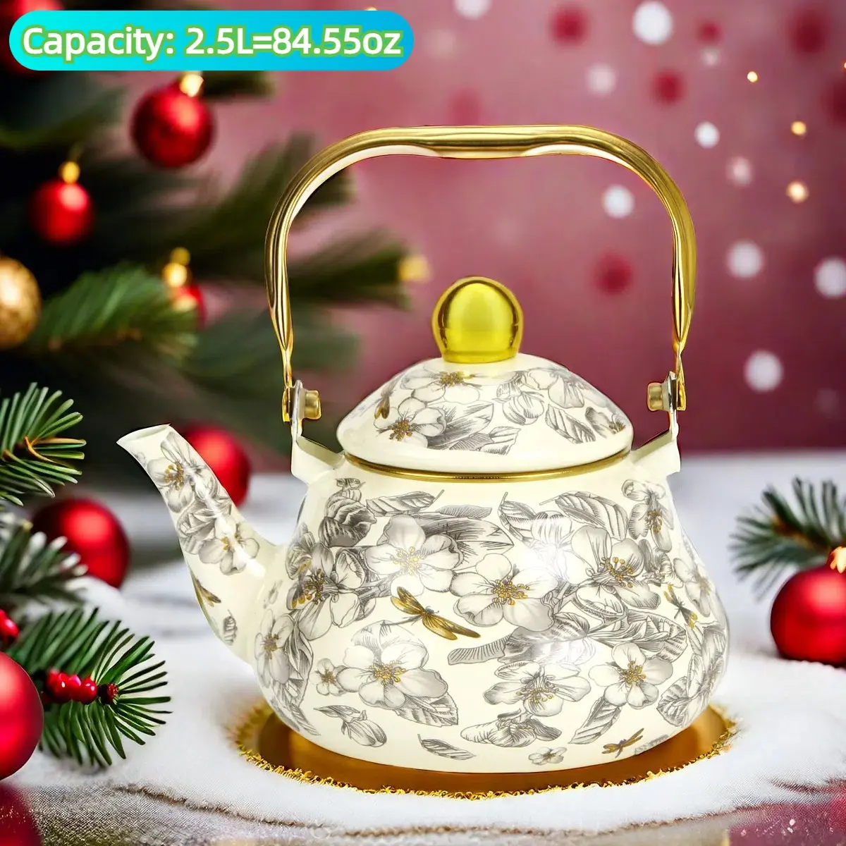 Christmas Dragonfly Enamel Kettle 2.5L, Vintage Style Tea Pot, Handmade Coffee Maker, Ideal for Home Kitchen, Outdoor Afternoon Tea, Gift