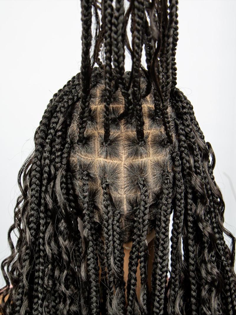 33 Inch Black Full Lace Front Box Braided Wig with Curly Hair Distressed Knotless Braided Wigs for Women, Synthetic Braided Lace Wigs for Party, Daily Use, Wigs That Look Like Real Hair, Kinky Curly Wigs