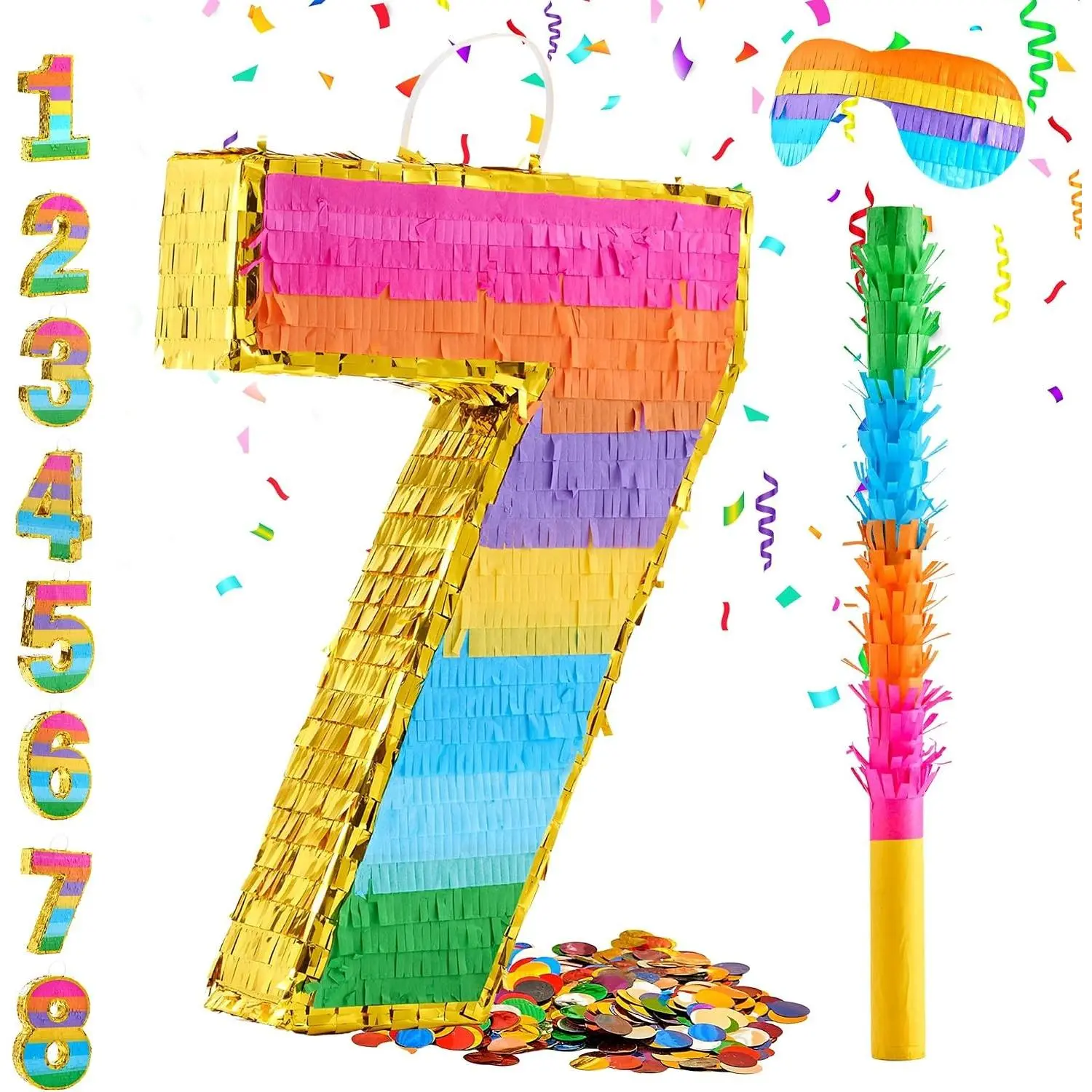 Number 7 Small Birthday Pinata for 7th Birthday Party Decorations Fiesta Kids Anniversary Celebration - Comes with Stick Blindfold and Confetti, 16.5 x 11.5 x 3 In