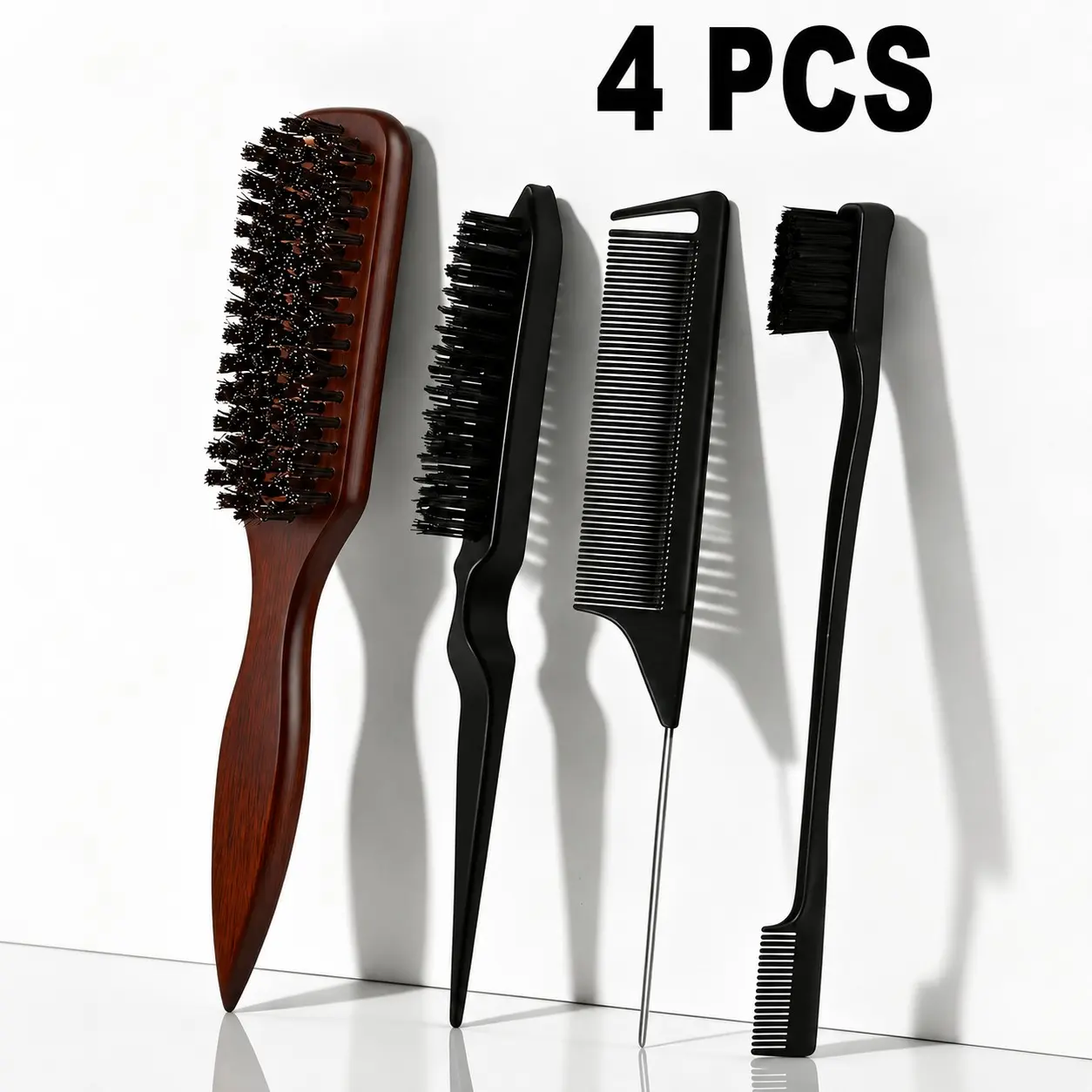 4-Piece Multi-Functional Hair Styling Comb Set, Wooden Texture Brush, Volumizing Comb, Metal Tip Sectioning Comb, Dual-Head Detangler, Unisex, Professional & Home Use