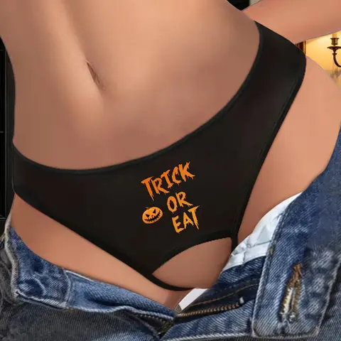 Halloween Themed Heart Pattern Print Women's Double String Panties, Sexy Cutout Underwear, Fitted All-Seasons Undergarment