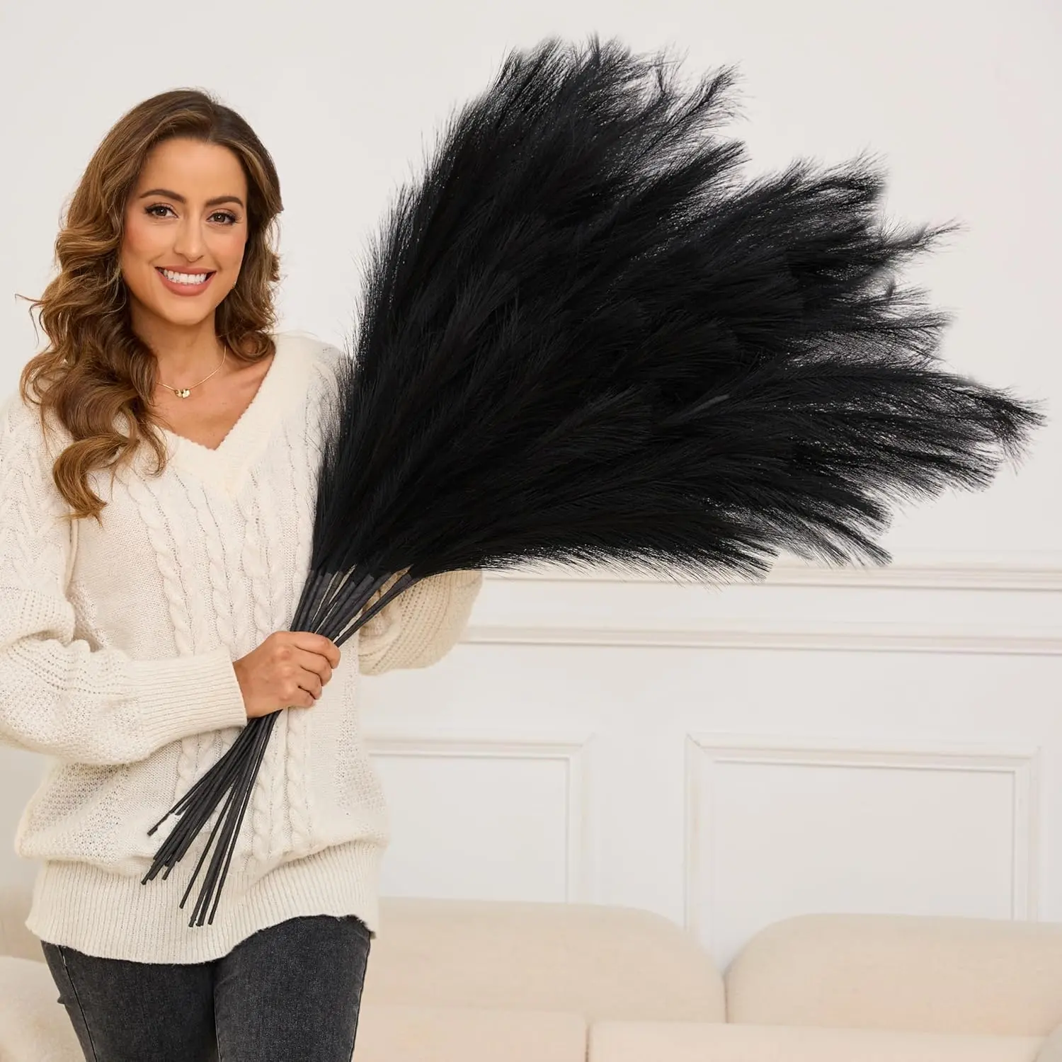9 PCS 43" Height Black Silk Faux Pampas Grass Plants, Iron-Reinforced Floral Branches with Long Feathers for Farmhouse Floor Vase, Room & Home Wedding Boho Decor