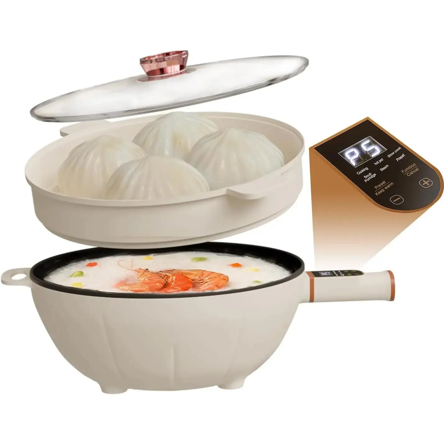 Electric Skillet 1000W Electric Cooker with Coating & Steamer, Timer & Schedule Cooking Settings, 12" Large Electric Hot Pot with Lid for Soup, Pasta, Frying,