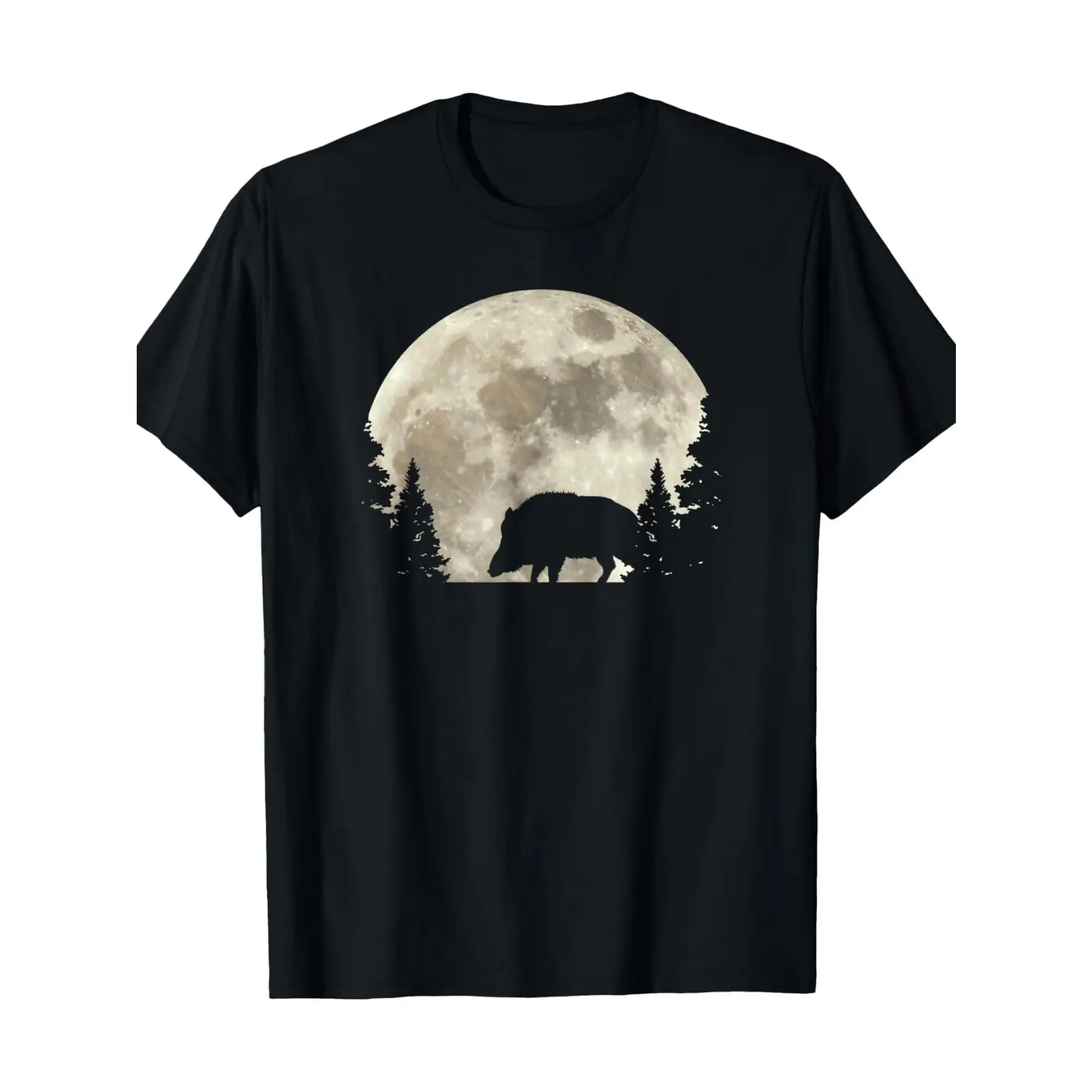 Men's Wild Boar Forest Full Moon Silhouette Graphic Oversized Pure Cotton Black T-Shirt - Comfy Crew Neck Shortsleeve Tops, Soft Natural Wildlife Casual Tee, Ideal Gift For Hunters, Wild Animal Lovers, Outdoor