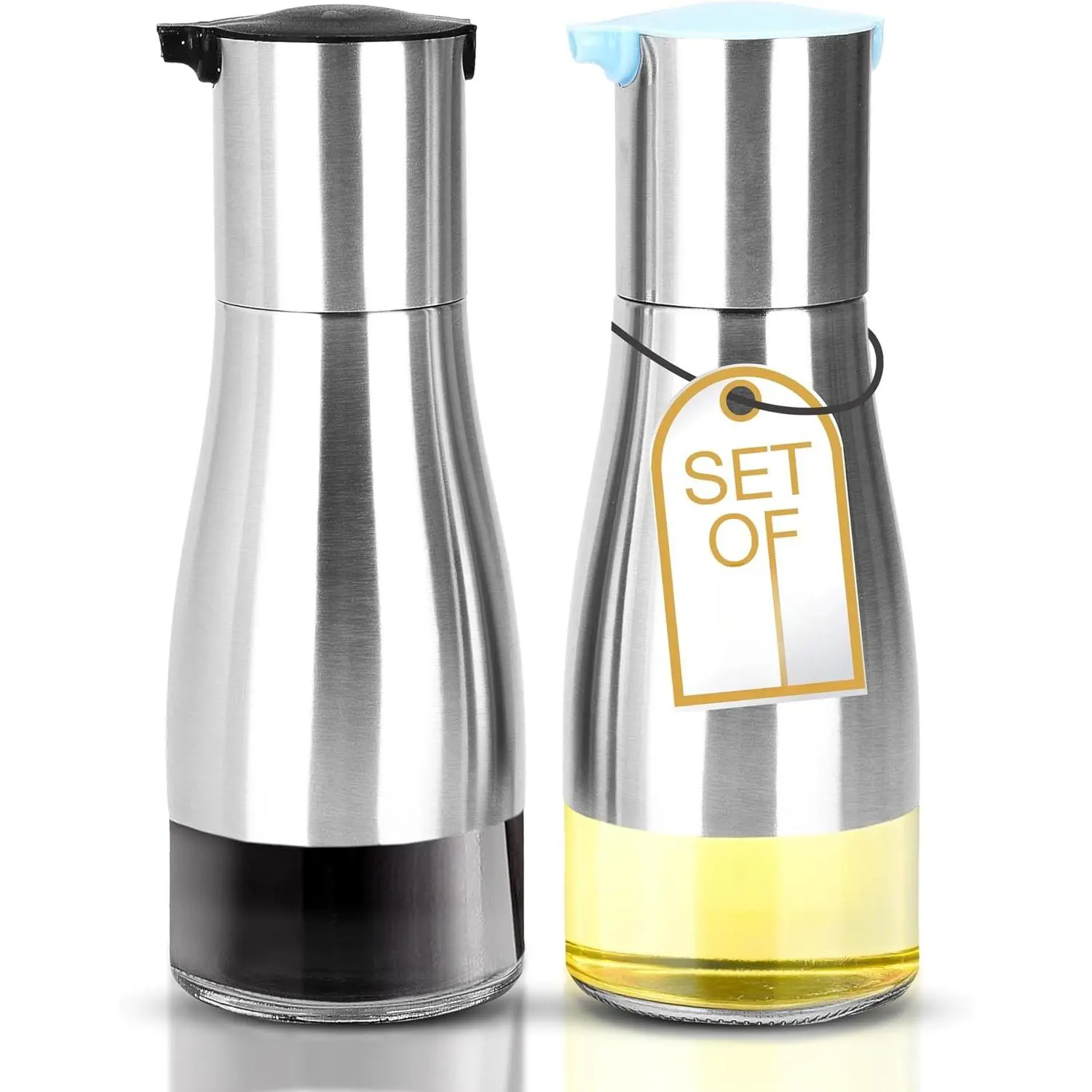 LB  Oil and Vinegar Dispenser Set - Brushed Steel & Glass Containers with Anti-Drip Spout Lid - Easy-Clean - Olive Oil Dispenser Bottle - Minimalist Kitchen Accessory - 7.1"H x .7"L x .7"W