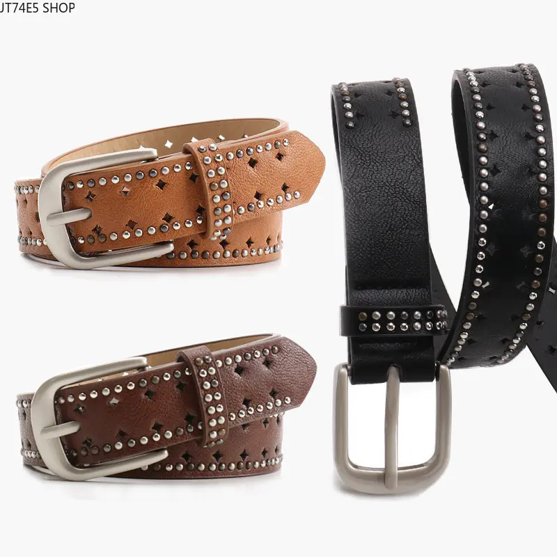 American Y2K Double Row Rivet Belt for Women, Punk Niche Decorative Belt Matching Jeans