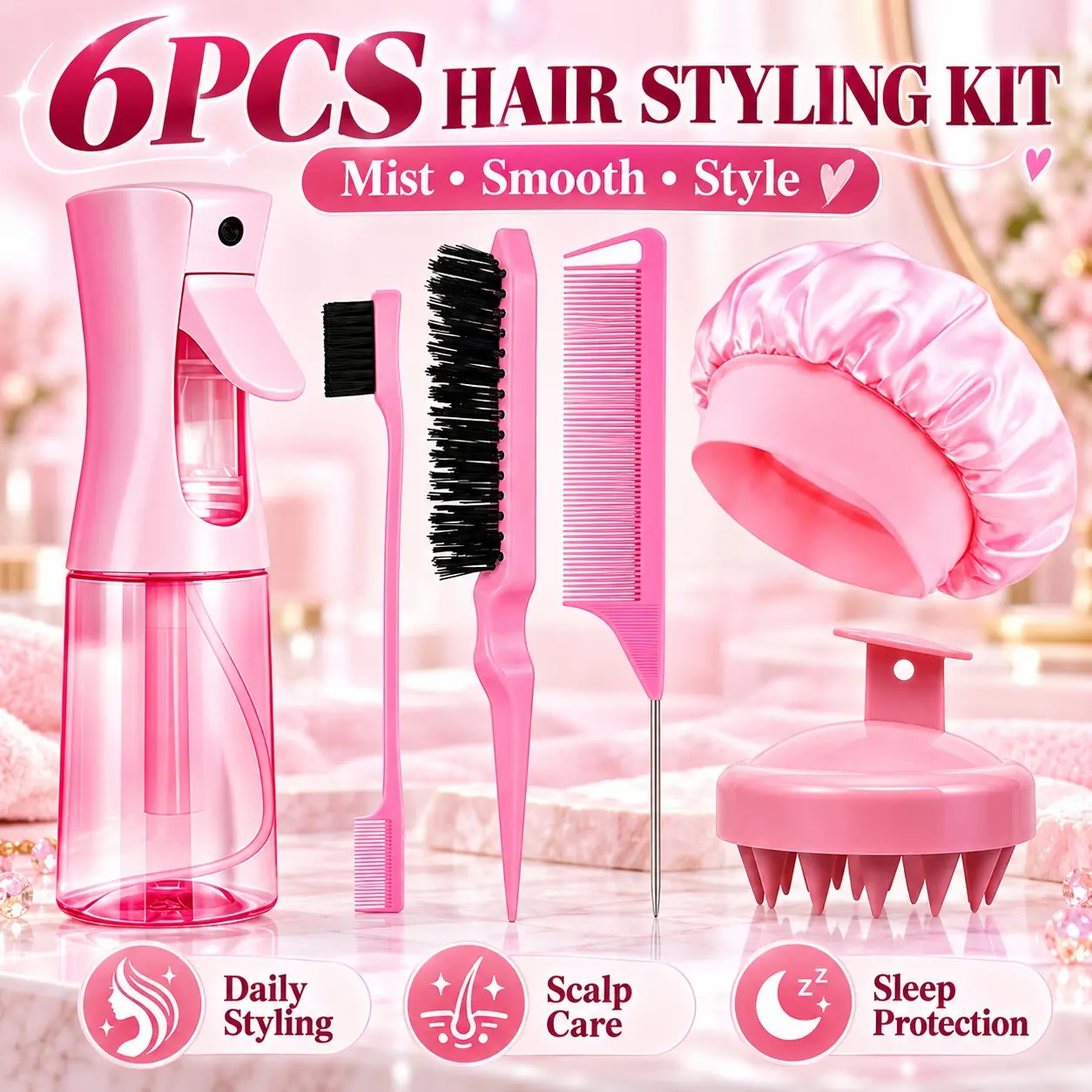 6PCS Slick Back Hair Styling Kit with Heatless Styling Tools, Continuous Mist Spray Bottle, Smoothing Brush, Edge Control Brush, Rat Tail Comb, Sleep Bonnet & Scalp Massager for Sleek Ponytails, Baby Hair, Parting, Braiding, Curls & Daily Hair Care