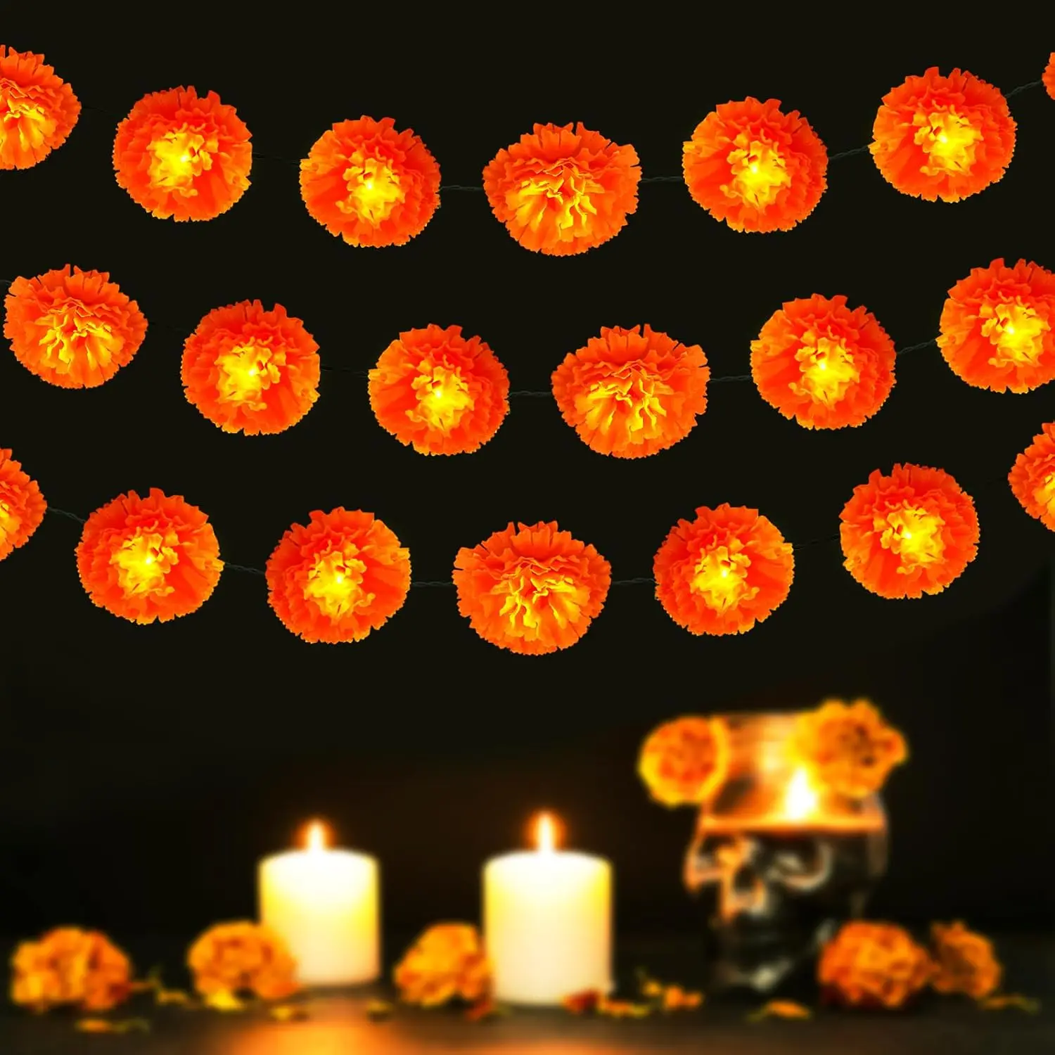 Solar Marigold Garland Lights Dia de los Muertos Decorations Outdoor Flower| 30 LED Day of the Dead Diwali Coco Party Altar Grave Cemetery Outside Decor