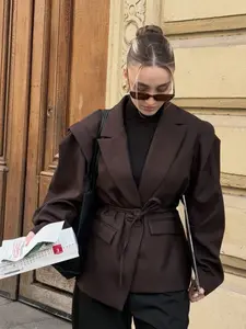 Women's Spring Summer Chic Waist-Tied Wide Shoulder Blazer, Solid Color Reversible Lapel Pocket Decorative Casual Jacket, Elegant Retro Simple Versatile